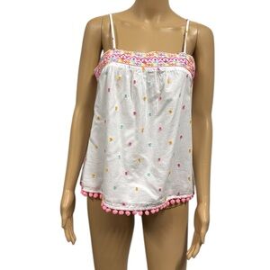 Crown & Ivy Cotton Swiss Dot Embroidered Pom Pom Spaghetti Strap Tank Top Small
